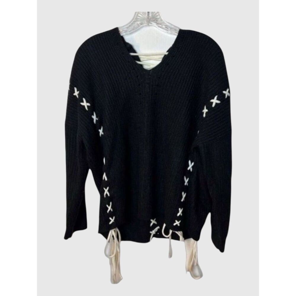 Miracle USA Black White Lace-Up Ribbon High-Low Sweater S/M